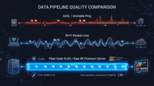 Schéma technique illustrant le débit constant requis par un abonnement internet iptv 4k en Fibre optique.