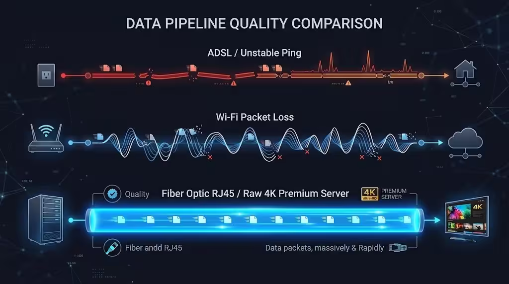 Schéma technique illustrant le débit constant requis par un abonnement internet iptv 4k en Fibre optique.